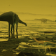 Artist’s impression of four-legged sauropods and a bipedal theropod wading in a Jurassic-era Scottish lagoon.
